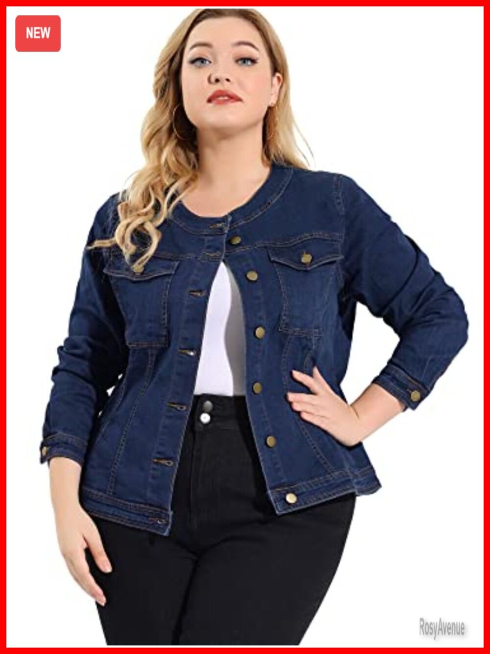 Women Plus Size Collarless Denim Jacket Long Sleeve Button Front Stretchy Cotton